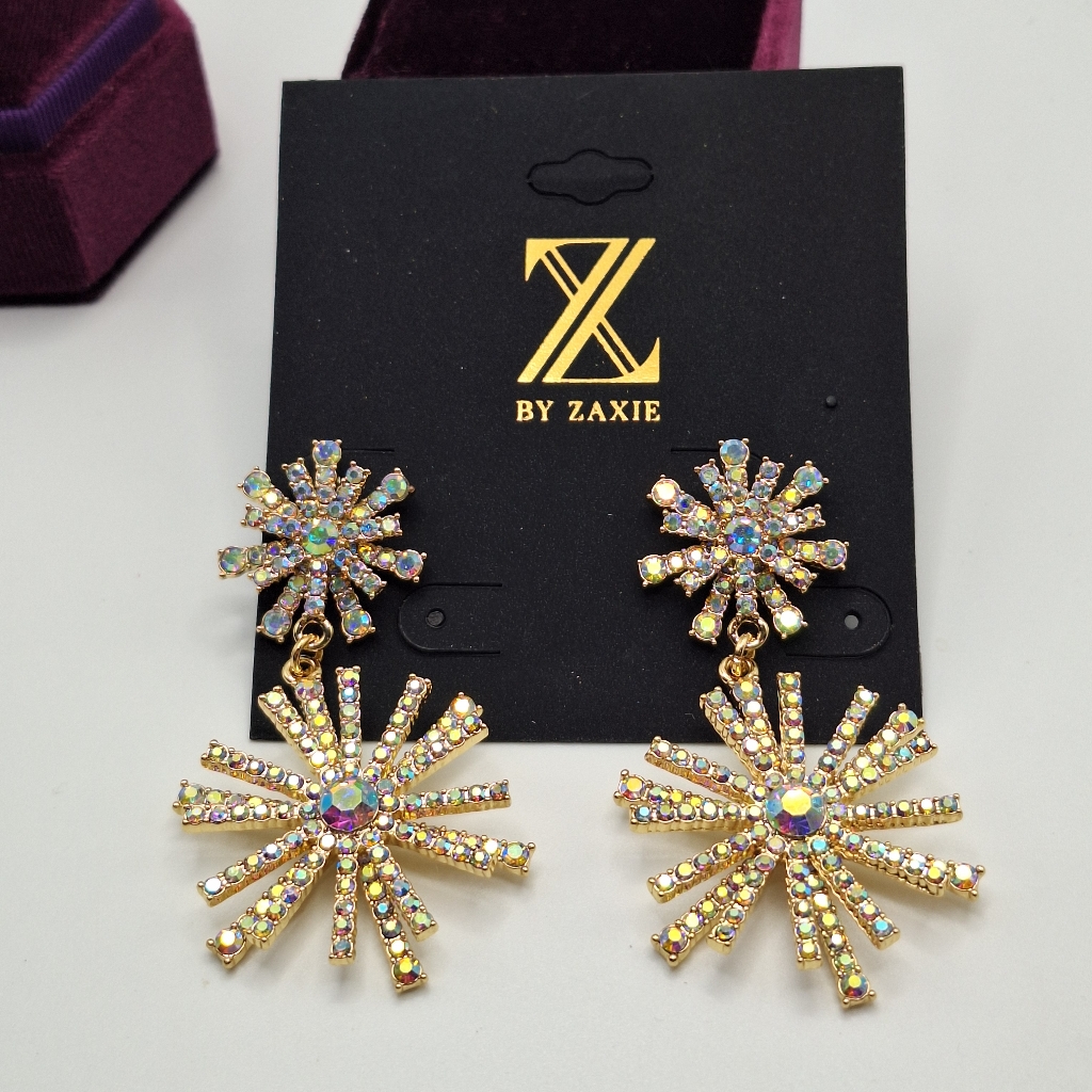 Zaxie Gold Rhinestone Statement Earrings | Ab Crystal Starburst Dangle Earrings